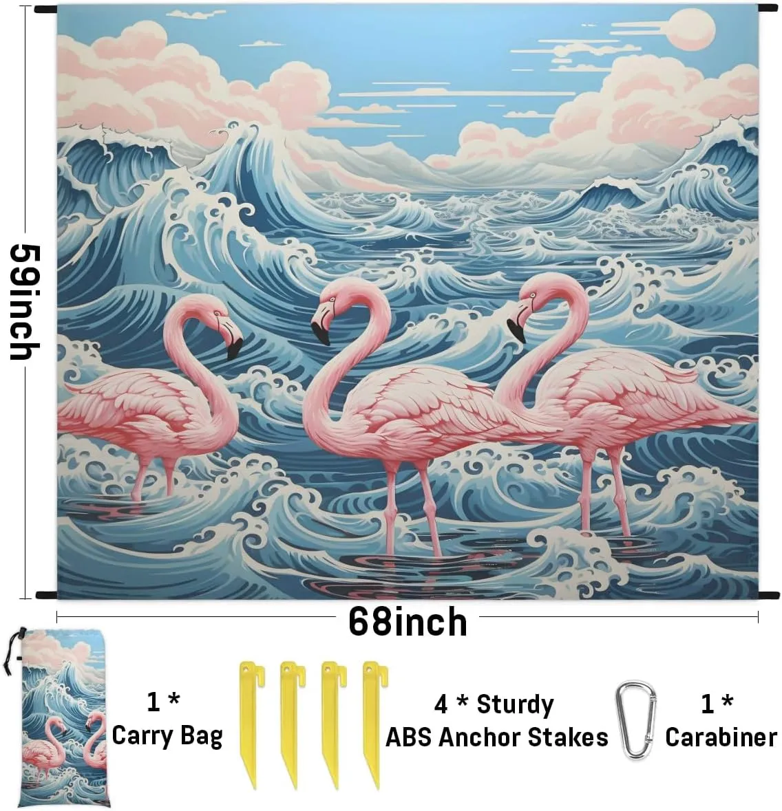 Flamingo Beach Blanket, Sandproof Beach Mat, 68 x 59 Waterproof Quick Drying Sand Free Mat with 4 x Ground Spikes for Outdoor Travel Camping Hiking, Waves