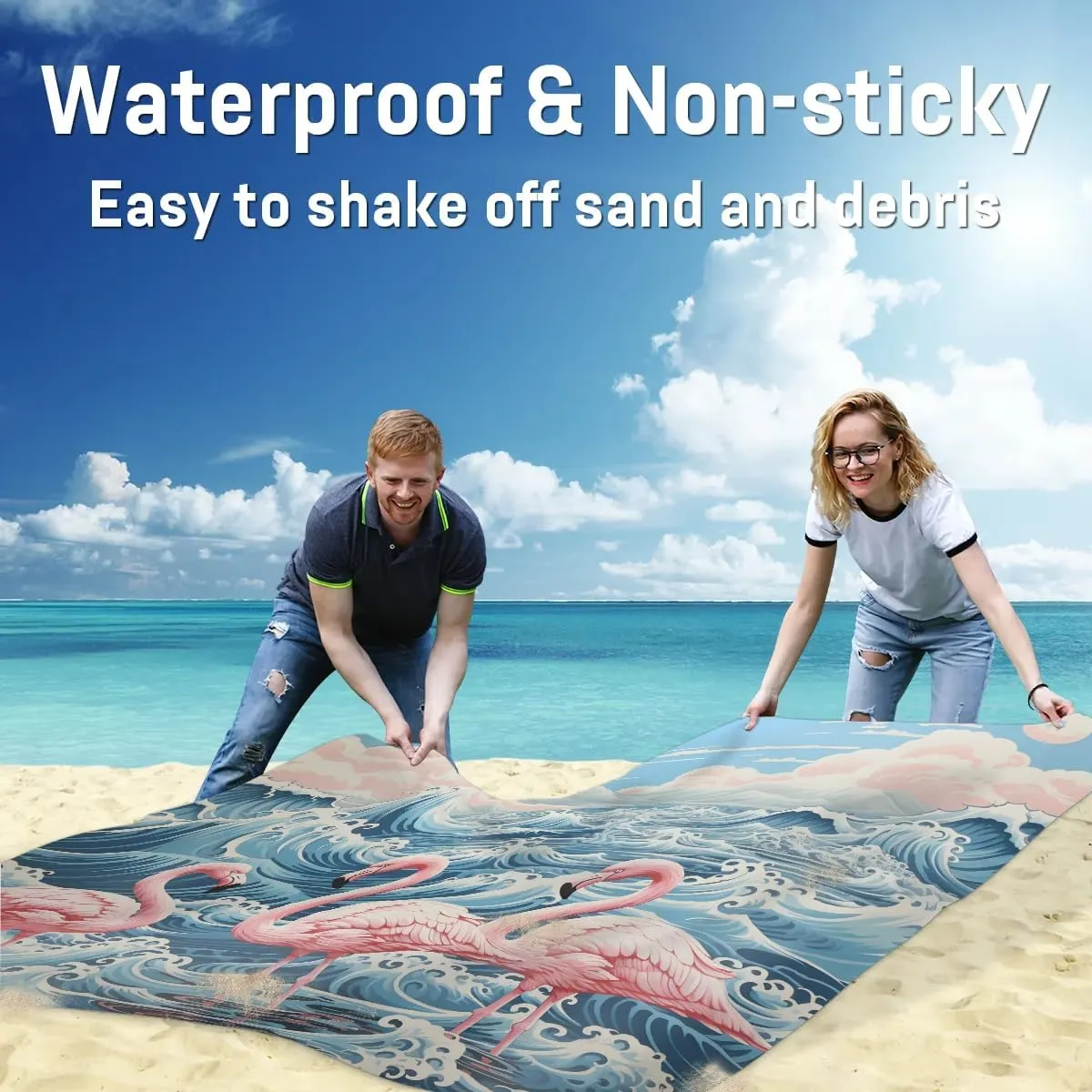 Flamingo Beach Blanket, Sandproof Beach Mat, 68 x 59 Waterproof Quick Drying Sand Free Mat with 4 x Ground Spikes for Outdoor Travel Camping Hiking, Waves