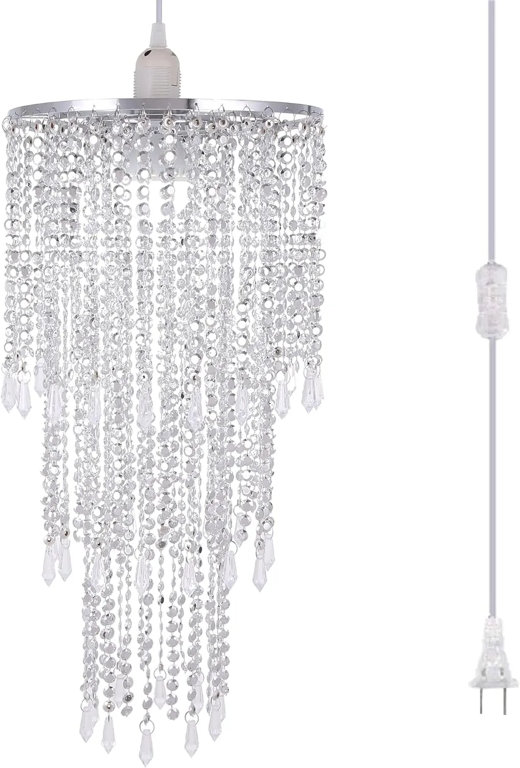 FlavorThings Plug in Classic Acrylic Chandelier(W10.25 x H20),Ceiling Light Beaded Pendant with Crystal Beads with ON/Off Switch and 16.4ft Clear Hanging Cord (H20 with PlugIn)