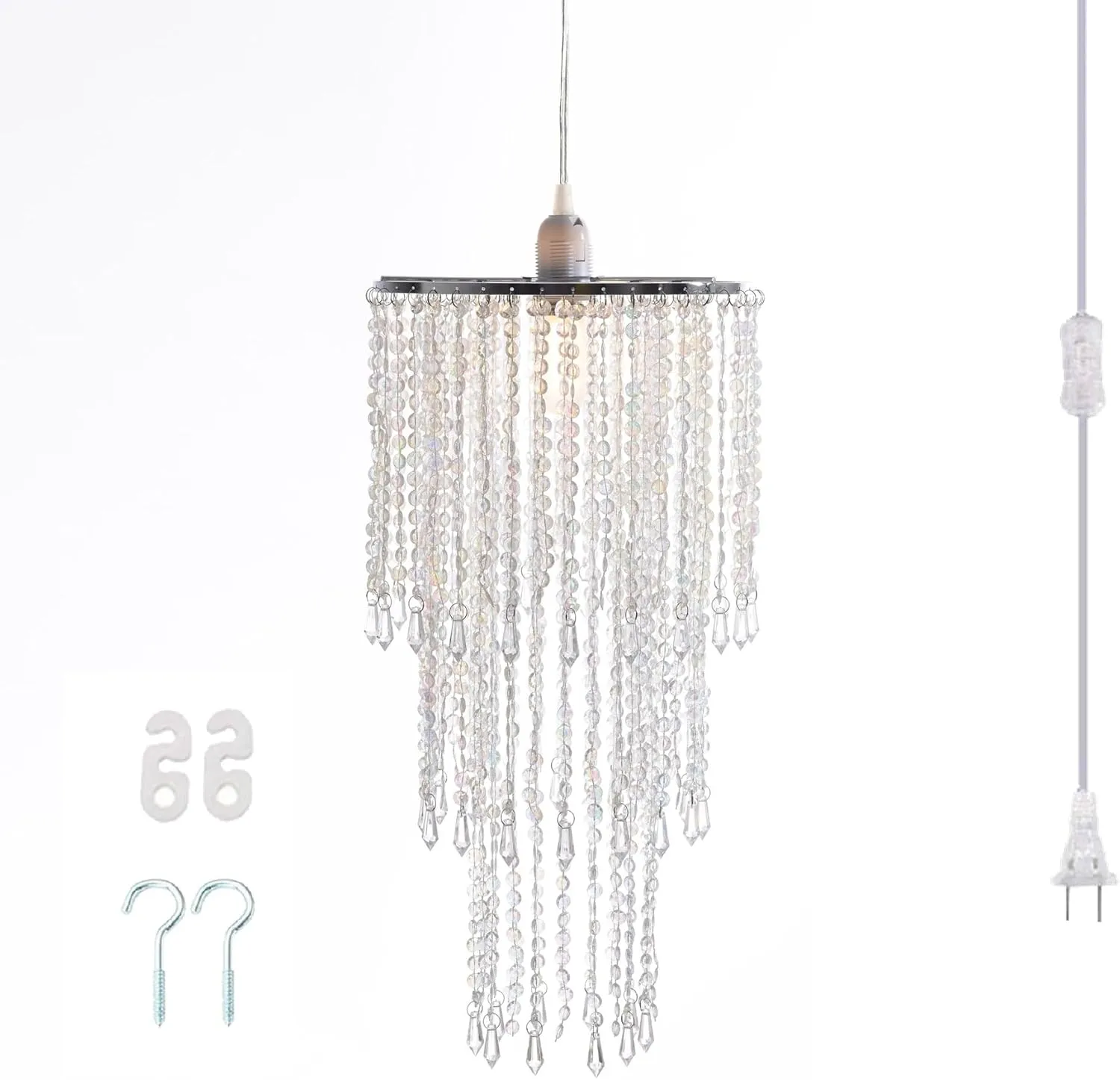 FlavorThings Plug in Classic Acrylic Chandelier(W10.25 x H20),Ceiling Light Beaded Pendant with Crystal Beads with ON/Off Switch and 16.4ft Clear Hanging Cord (H20 with PlugIn)