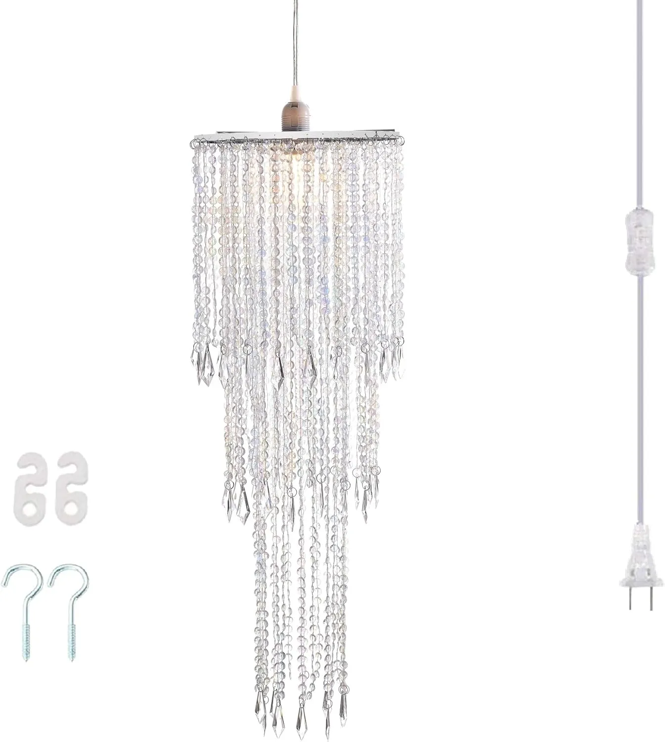 FlavorThings Plug in Irridescent Beaded Chandelier Light Pendant with ON/Off Switch and 16.4ft Clear Hanging Cord for Bedroom Dining Room and More (H30 with PlugIn)