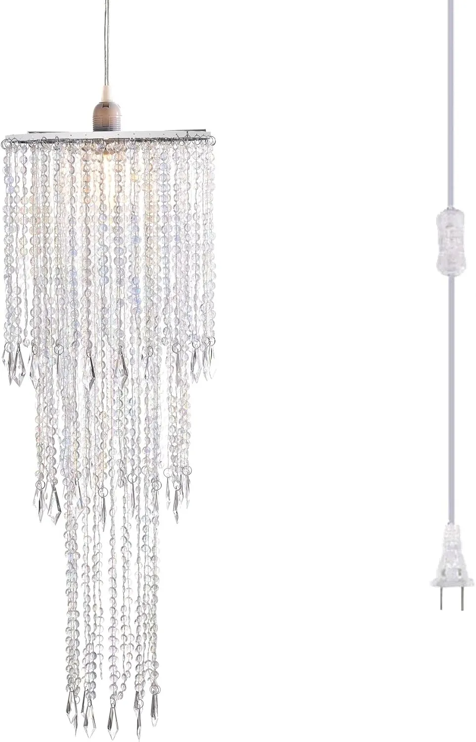 FlavorThings Plug in Irridescent Beaded Chandelier Light Pendant with ON/Off Switch and 16.4ft Clear Hanging Cord for Bedroom Dining Room and More (H30 with PlugIn)