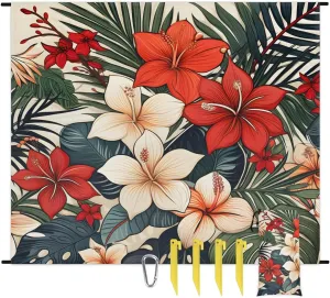 Flowers Beach Blanket, Sandproof Beach Mat, 68 x 59 Waterproof Quick Drying Sand Free Mat with 4 x Ground Spikes for Outdoor Travel Camping Hiking, Tropical Palm Leaf