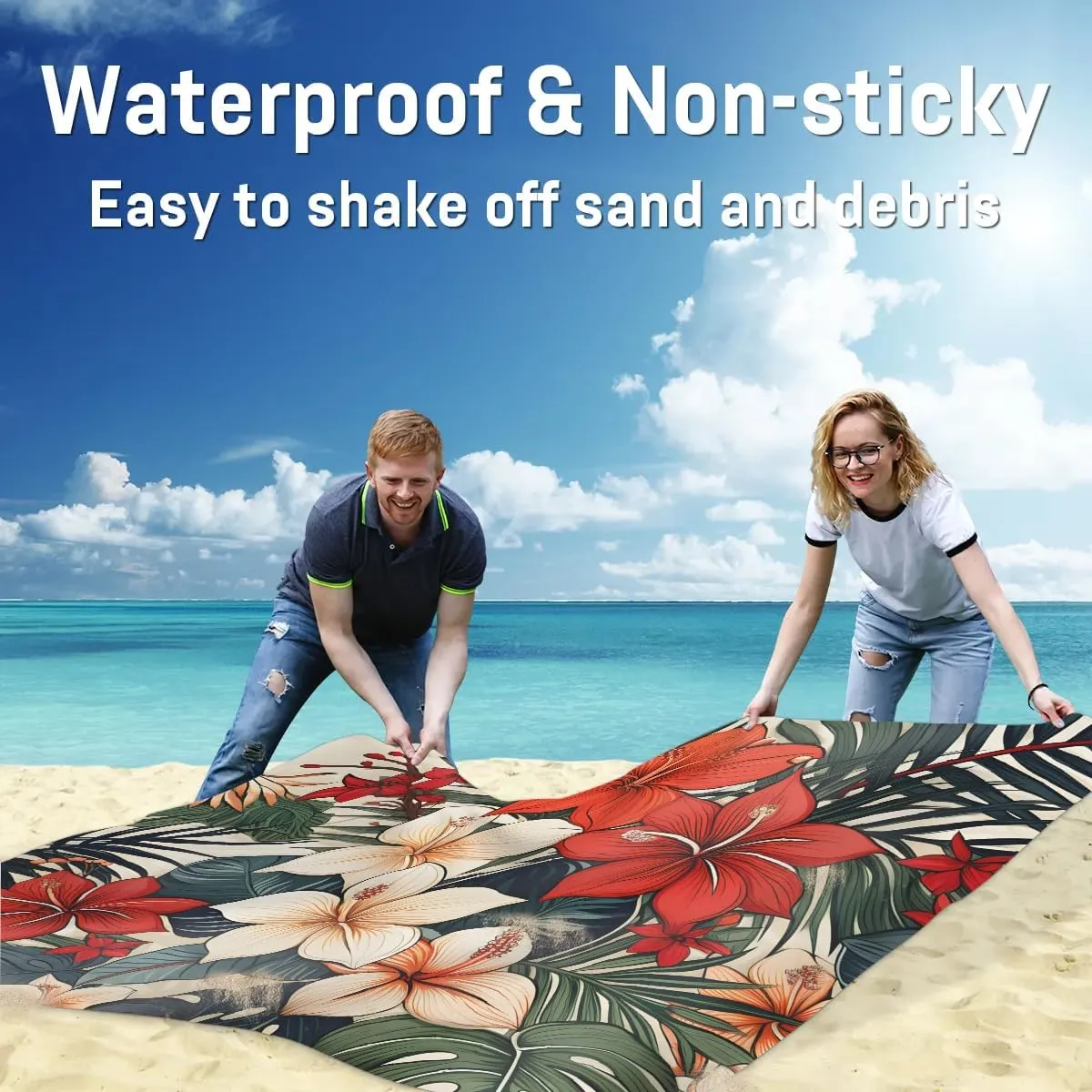 Flowers Beach Blanket, Sandproof Beach Mat, 68 x 59 Waterproof Quick Drying Sand Free Mat with 4 x Ground Spikes for Outdoor Travel Camping Hiking, Tropical Palm Leaf