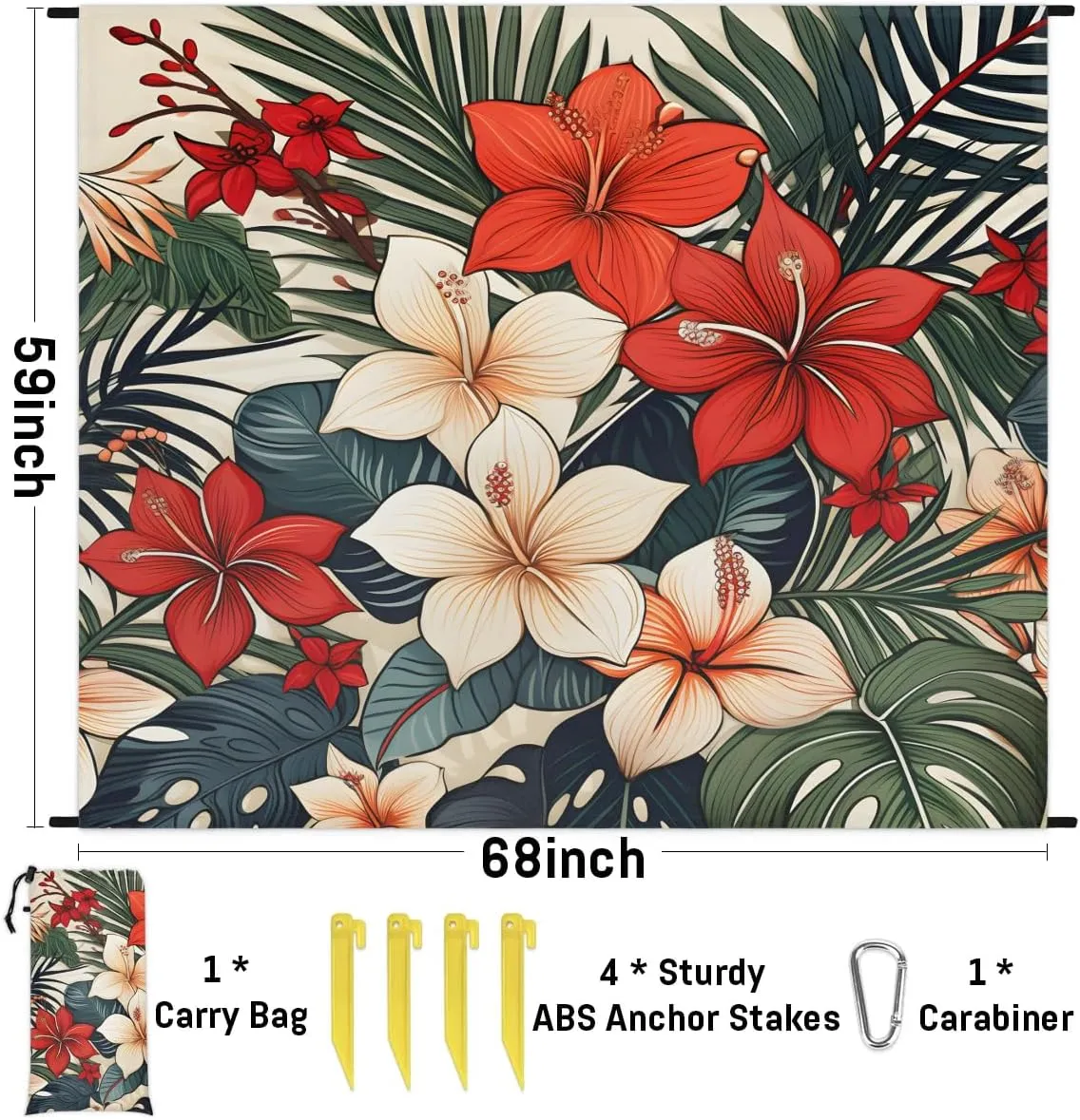 Flowers Beach Blanket, Sandproof Beach Mat, 68 x 59 Waterproof Quick Drying Sand Free Mat with 4 x Ground Spikes for Outdoor Travel Camping Hiking, Tropical Palm Leaf