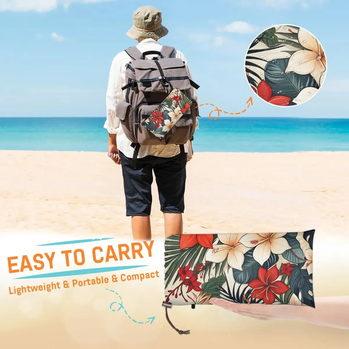 Flowers Beach Blanket, Sandproof Beach Mat, 68 x 59 Waterproof Quick Drying Sand Free Mat with 4 x Ground Spikes for Outdoor Travel Camping Hiking, Tropical Palm Leaf