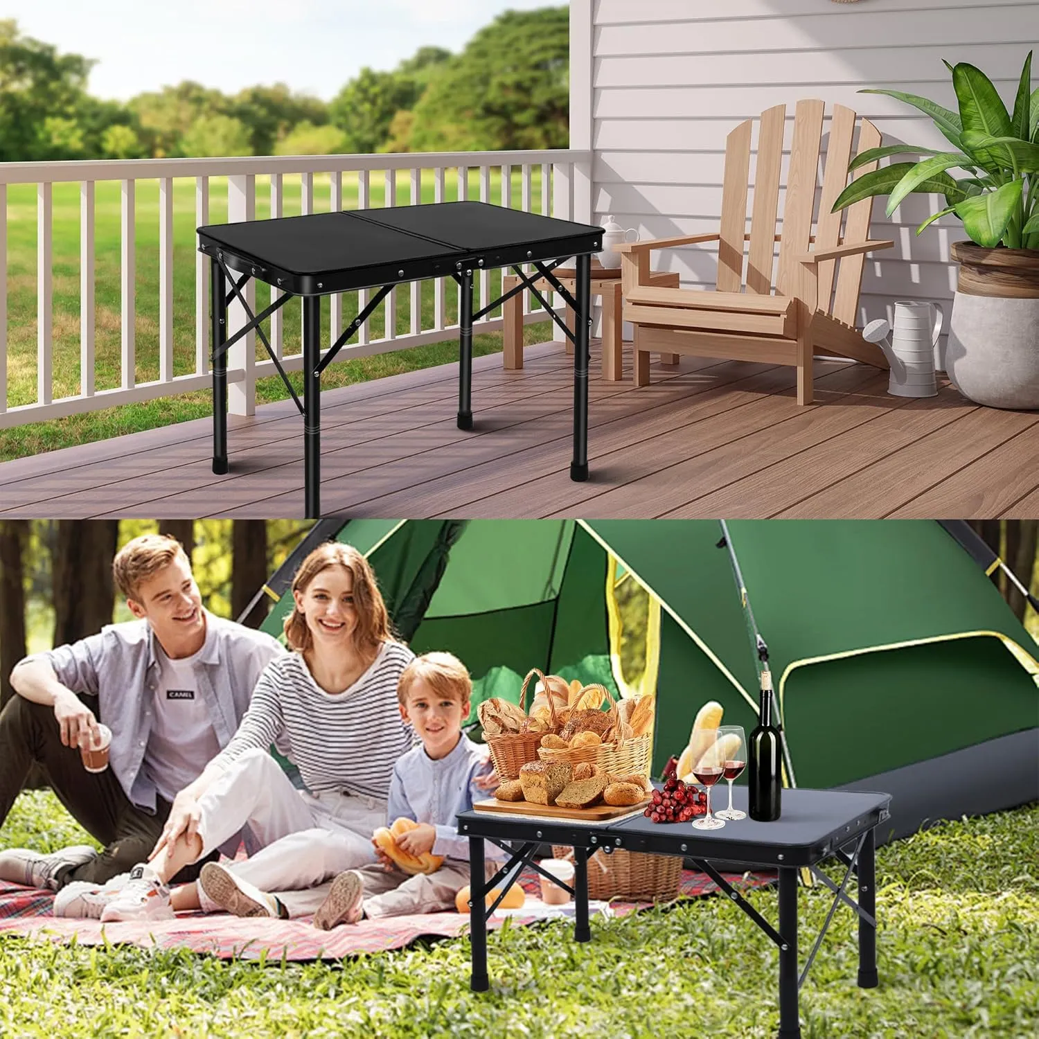 Folding Camping Table, Pure Black 2ft Picnic Table Metal Legs MDF Tabletop, Small Outdoor Table Adjustable Height, Lightweight, Waterproof, Portable Handle for Travel Cooking
