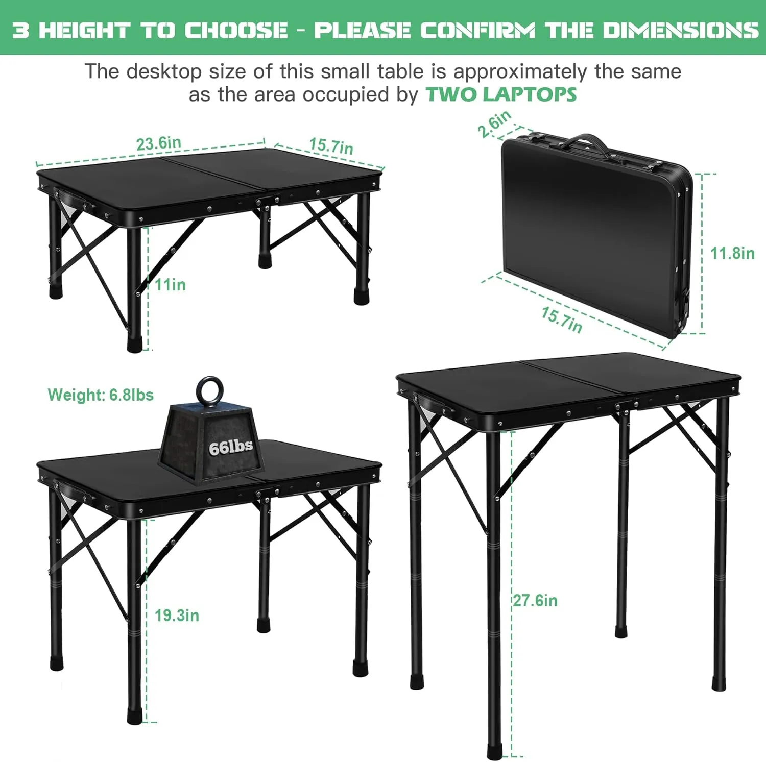 Folding Camping Table, Pure Black 2ft Picnic Table Metal Legs MDF Tabletop, Small Outdoor Table Adjustable Height, Lightweight, Waterproof, Portable Handle for Travel Cooking