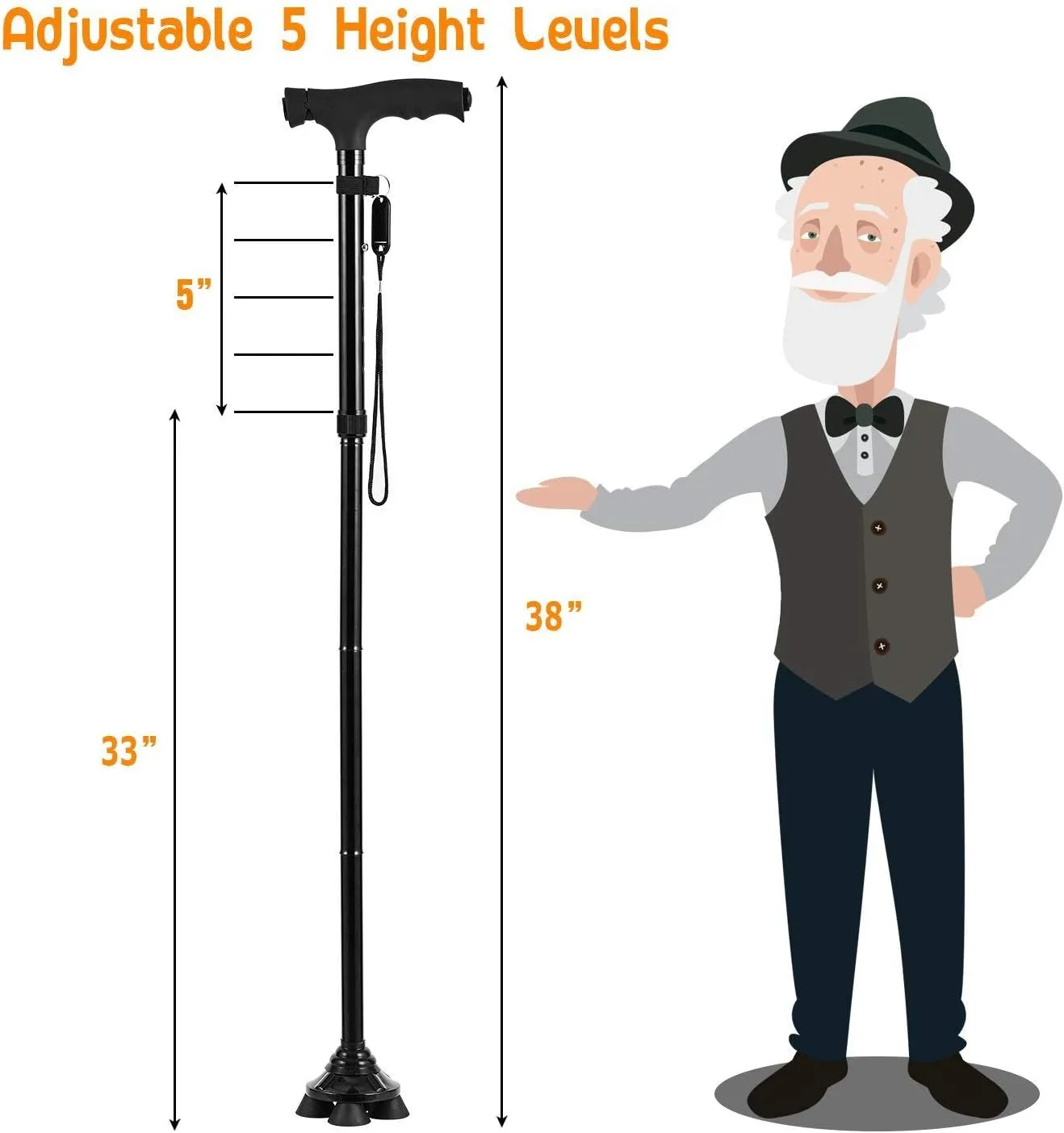 Folding Cane with Led Light, Adjustable Canes for Men and Women, Walking Stick for Elderly with Cushion Handle and Pivoting Quad Base for Hiking Mountain Climbing Backpacker…