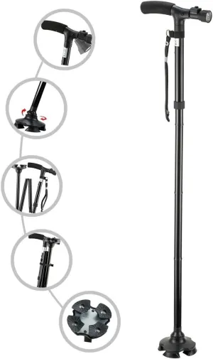 Folding Cane with Led Light, Adjustable Canes for Men and Women, Walking Stick for Elderly with Cushion Handle and Pivoting Quad Base for Hiking Mountain Climbing Backpacker…