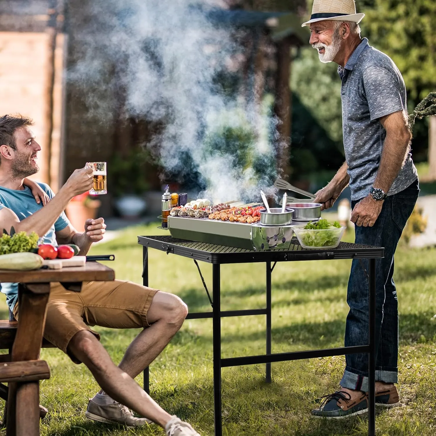 Folding Grill Table Camping Table with Mesh Desktop, Lightweight 3 FT Metal Table for Outside, Height Adjustable Portable Grill Tables for Camping, Picnic, Beach and BBQ, RV