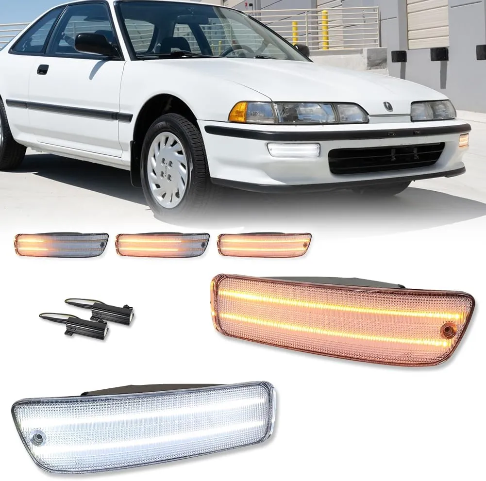 for 1992 1993 Acura Integra RS/GS/LS/GSR Front Bumper Turn Signal Parking Daytime Running Light Clear Lens Amber & White LED Lamp Driver and Passenger Side AC2530102 AC2531102
