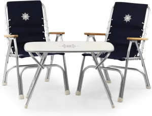 FORMA MARINE Folding Aluminum High Back Navy Blue Boat Chairs Teak Armrests, 3 Piece Bundle Set, 2 M150 1 Folding Alu.and Melamine Boat Table 20''X35''X24''-B150NB250