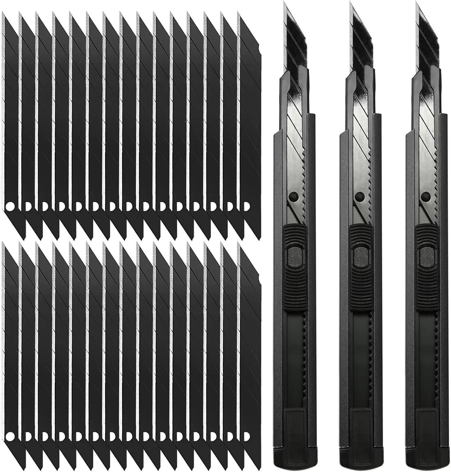 FOSHIO Retractable Utility Knife with 30 Degree Snap Off Blade 9MM, Box Cutter for Carton, Cardboard and Box, Office, Home Use, 3 Pack Black Aluminum Handle Knife ​with Extra 30 Replacement Blades