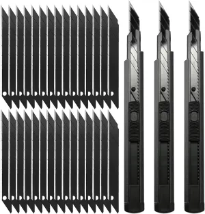 FOSHIO Retractable Utility Knife with 30 Degree Snap Off Blade 9MM, Box Cutter for Carton, Cardboard and Box, Office, Home Use, 3 Pack Black Aluminum Handle Knife ​with Extra 30 Replacement Blades