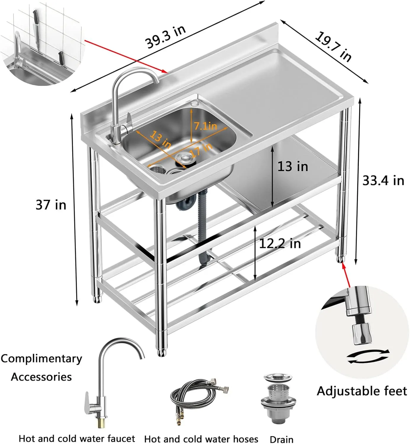 Free Standing Stainless-Steel Single Bowl Commercial Restaurant Kitchen Sink Set w/Faucet & Drainboard, Prep & Utility Washing Hand Basin w/Workbench & Double Storage Shelves Indoor Outdoor (39.5in)