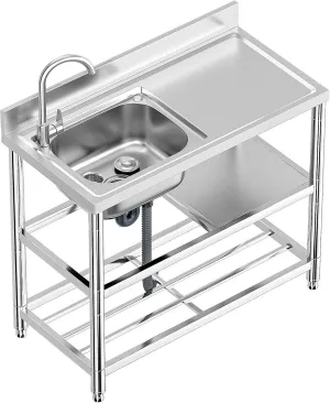 Free Standing Stainless-Steel Single Bowl Commercial Restaurant Kitchen Sink Set w/Faucet & Drainboard, Prep & Utility Washing Hand Basin w/Workbench & Double Storage Shelves Indoor Outdoor (39.5in)