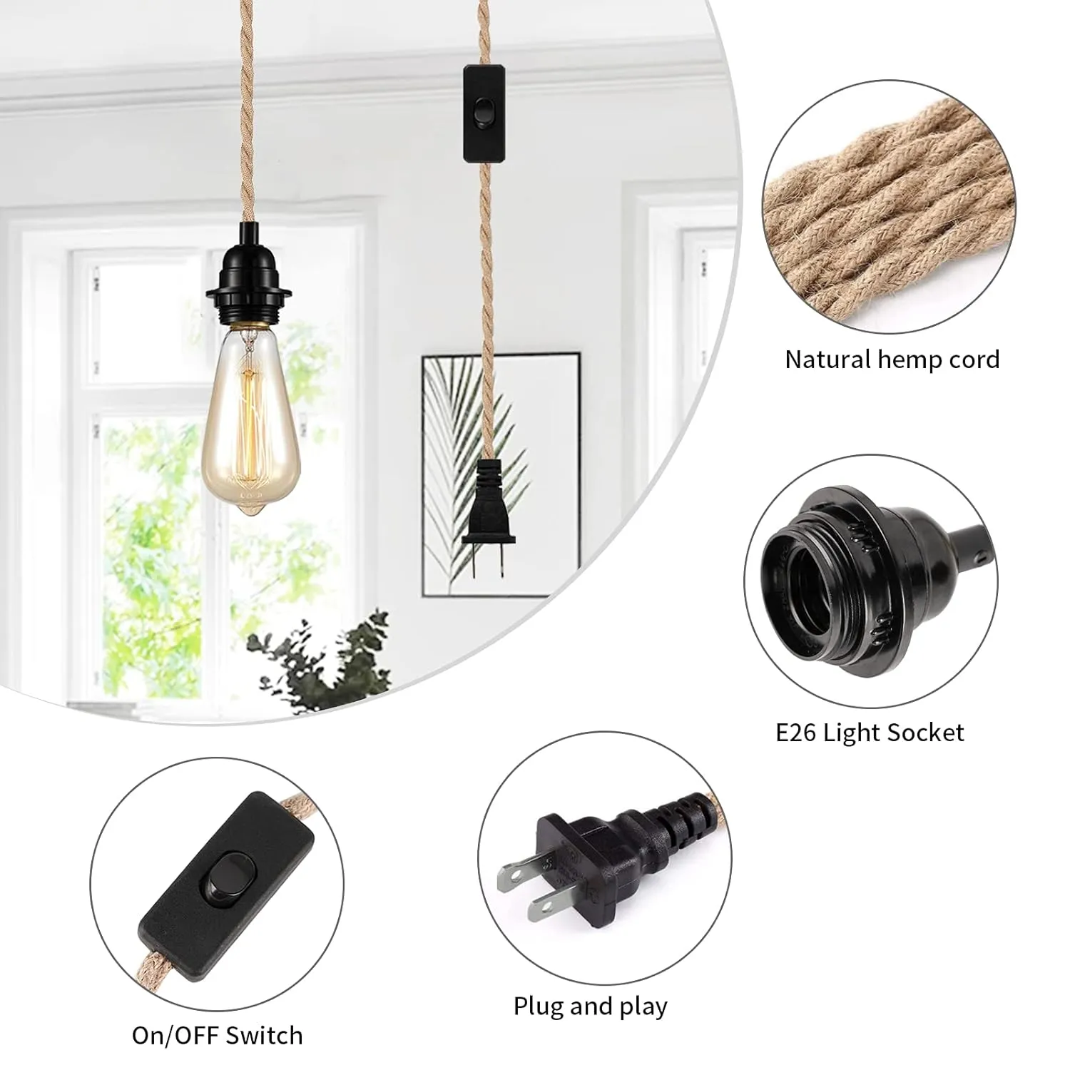 FRIDEKO HOME Farmhouse 15ft Pendant Lights - Hanging Lights with Plug in Cord Hemp Rope Pendant Lights Rustic Hanging Lamps That Plug into Wall Outlet for Kitchen Island Bedroom DIY Decor - 2 Pack