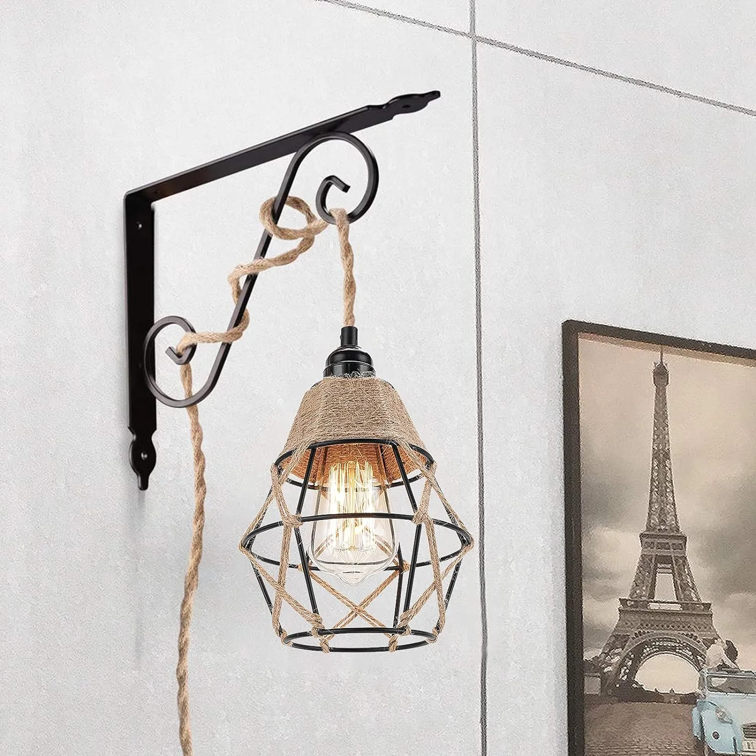 FRIDEKO HOME Farmhouse 15ft Pendant Lights - Hanging Lights with Plug in Cord Hemp Rope Pendant Lights Rustic Hanging Lamps That Plug into Wall Outlet for Kitchen Island Bedroom DIY Decor - 2 Pack