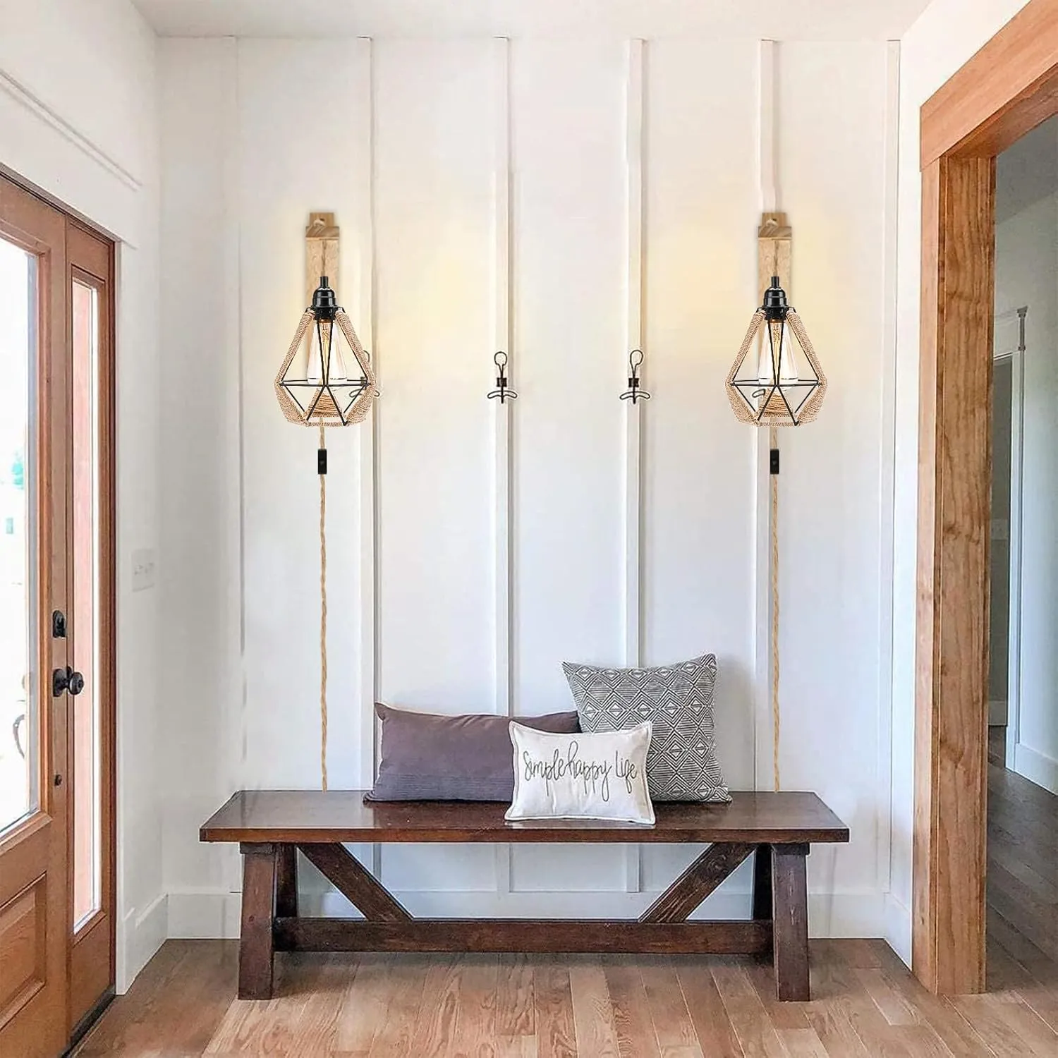FRIDEKO HOME Farmhouse 15ft Pendant Lights - Hanging Lights with Plug in Cord Hemp Rope Pendant Lights Rustic Hanging Lamps That Plug into Wall Outlet for Kitchen Island Bedroom DIY Decor - 2 Pack