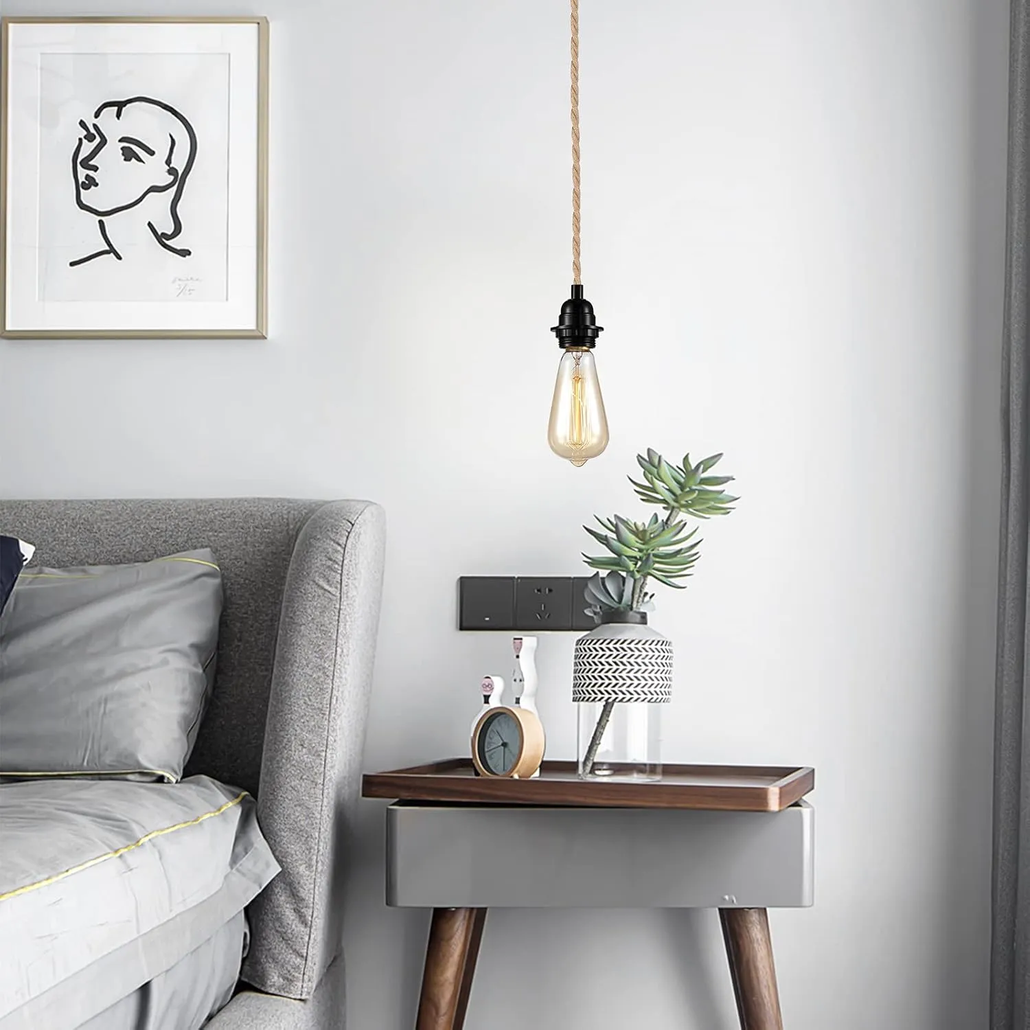 FRIDEKO HOME Farmhouse 15ft Pendant Lights - Hanging Lights with Plug in Cord Hemp Rope Pendant Lights Rustic Hanging Lamps That Plug into Wall Outlet for Kitchen Island Bedroom DIY Decor - 2 Pack