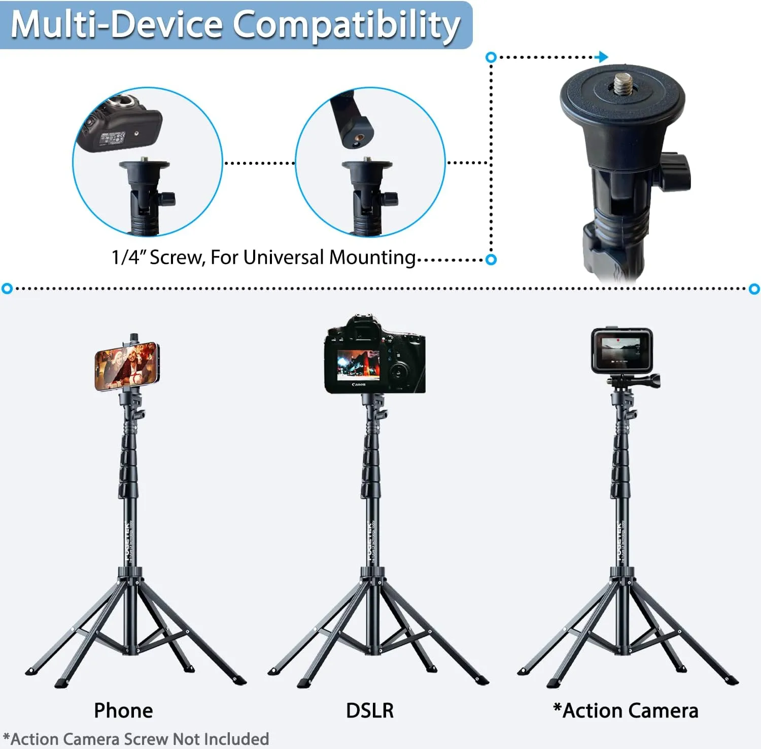 Fugetek 62" Professional Selfie Stick Tripod, Stable 4 Leg Design, Bluetooth Remote, 100% All Aluminum Stick & Legs, Lightweight, Portable All in One, Compatible with iPhone & Android, Non Skid Feet