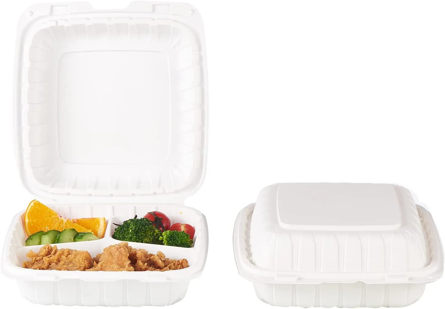 FULING [8x8-Inch, 50 Pieces, 3-Compartment Disposable To Go Box Containers, Plastic Clamshell Takeout Food Trays, Microwave Safe, Cut Resistantstable Hinged Lid, Hybrid Polypropylene, White