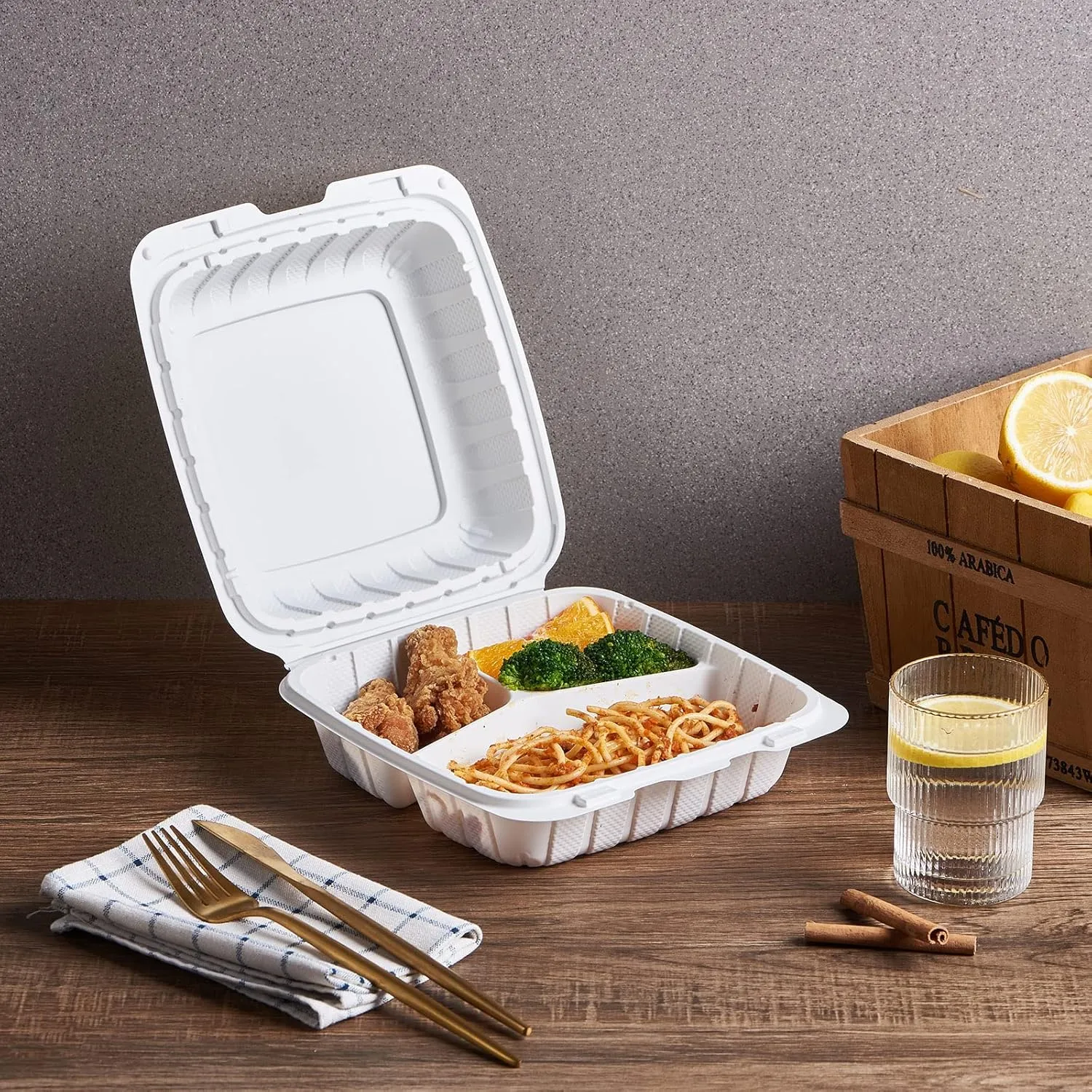 FULING [8x8-Inch, 50 Pieces, 3-Compartment Disposable To Go Box Containers, Plastic Clamshell Takeout Food Trays, Microwave Safe, Cut Resistantstable Hinged Lid, Hybrid Polypropylene, White