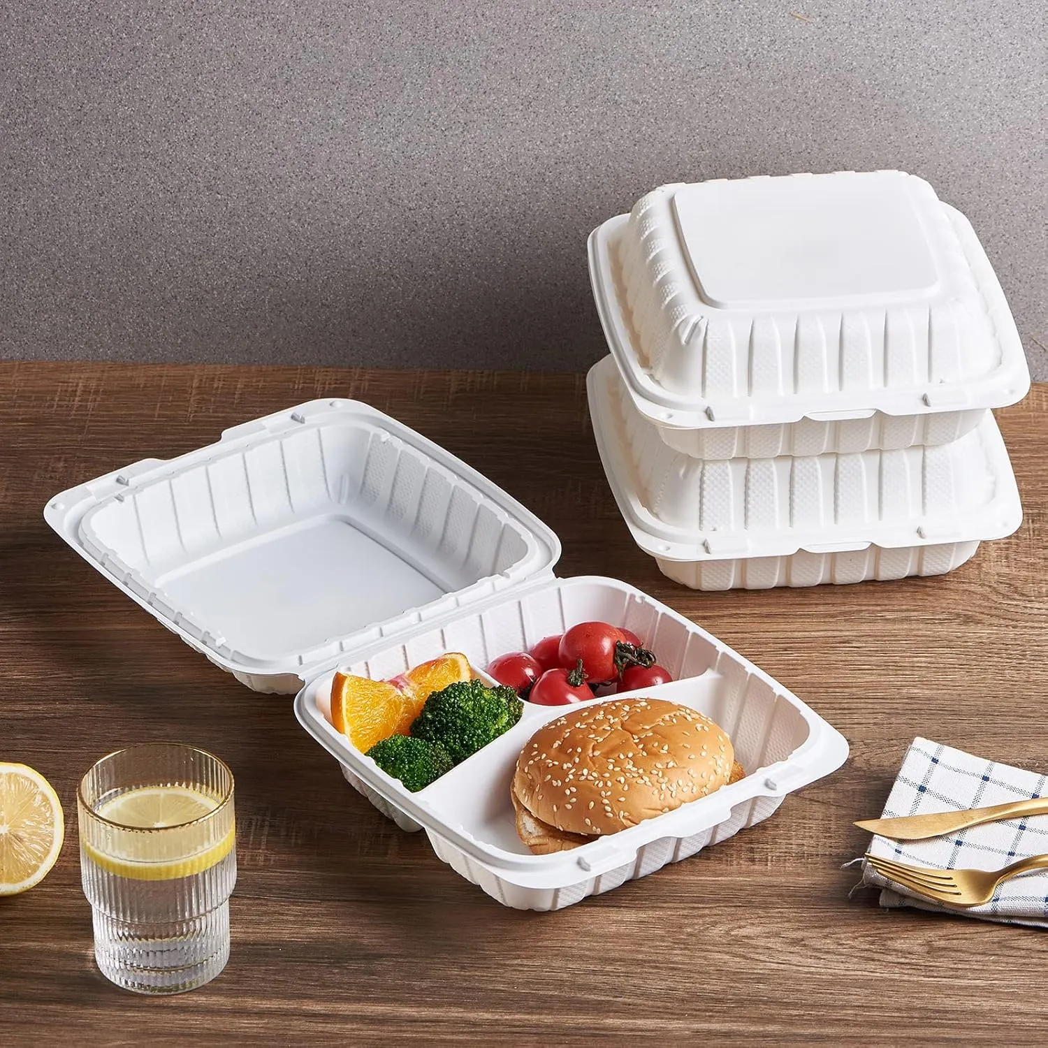 FULING [8x8-Inch, 50 Pieces, 3-Compartment Disposable To Go Box Containers, Plastic Clamshell Takeout Food Trays, Microwave Safe, Cut Resistantstable Hinged Lid, Hybrid Polypropylene, White