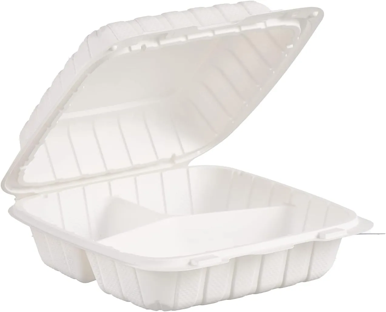 FULING [8x8-Inch, 50 Pieces, 3-Compartment Disposable To Go Box Containers, Plastic Clamshell Takeout Food Trays, Microwave Safe, Cut Resistantstable Hinged Lid, Hybrid Polypropylene, White