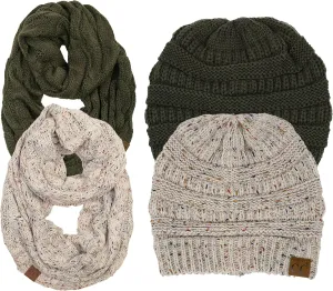 Funky Junque Cozy Winter Knit Beanie & Infinity Scarf Set for Women - Solid Colors, Confetti Designs, Value Packs