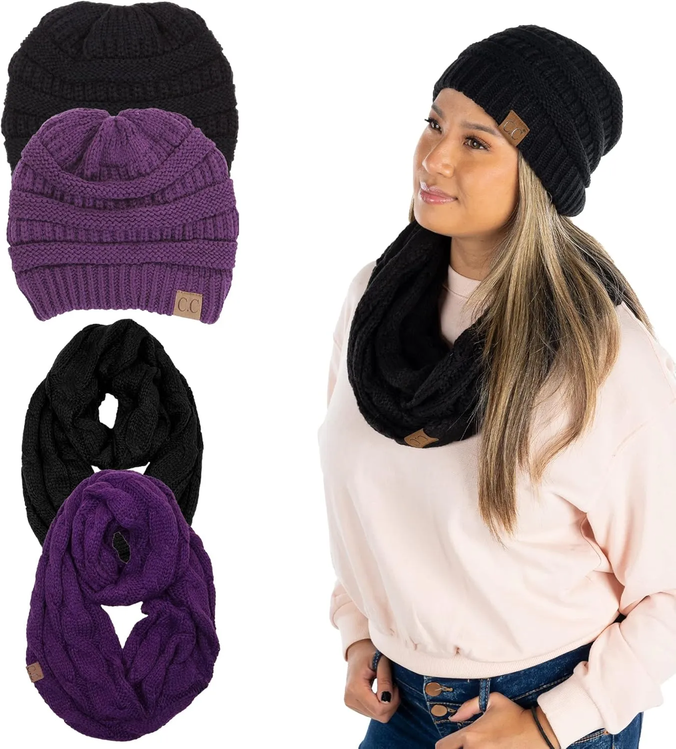 Funky Junque Cozy Winter Knit Beanie & Infinity Scarf Set for Women - Solid Colors, Confetti Designs, Value Packs