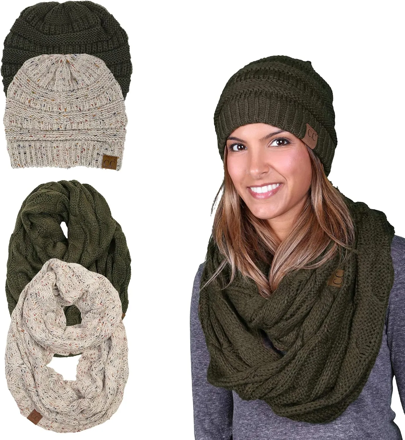 Funky Junque Cozy Winter Knit Beanie & Infinity Scarf Set for Women - Solid Colors, Confetti Designs, Value Packs
