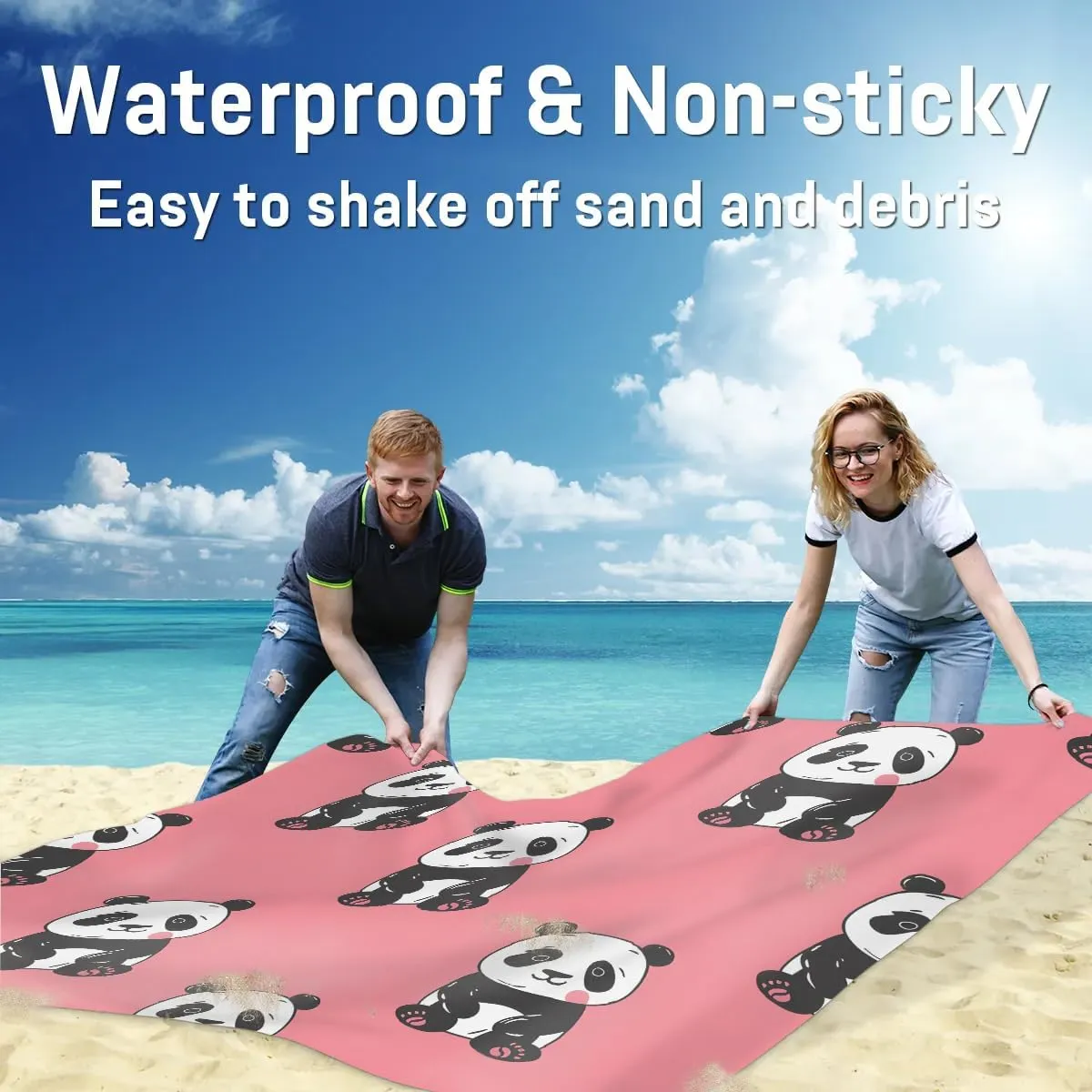 Funny Animal Panda Beach Blanket, Sandproof Beach Mat, 68 x 59 Waterproof Quick Drying Sand Free Mat with 4 x Ground Spikes for Outdoor Travel Camping Hiking, Cute Panda