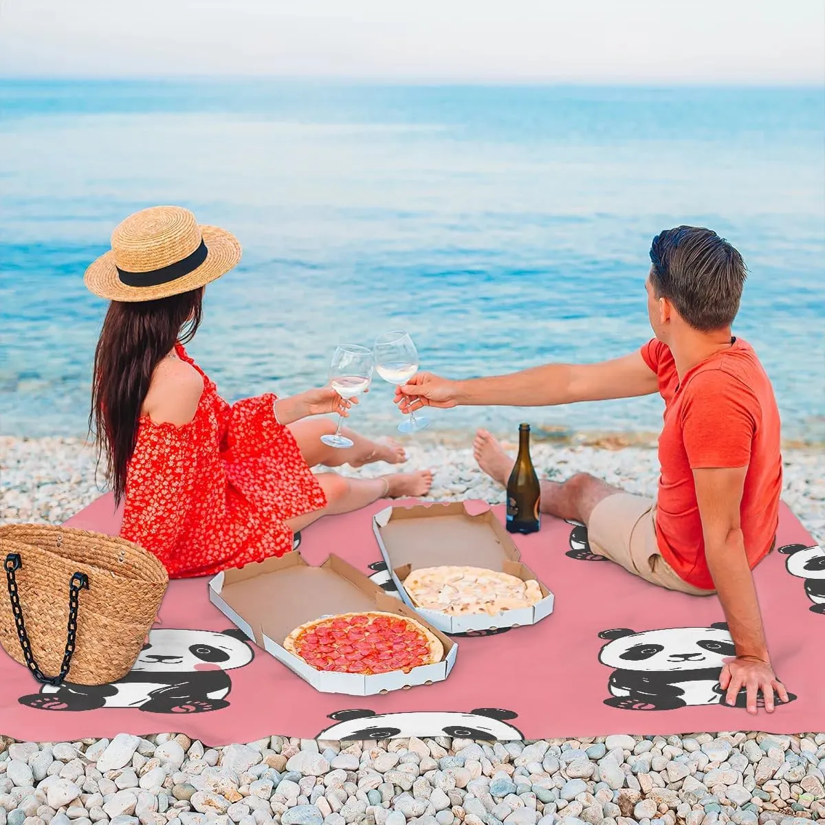 Funny Animal Panda Beach Blanket, Sandproof Beach Mat, 68 x 59 Waterproof Quick Drying Sand Free Mat with 4 x Ground Spikes for Outdoor Travel Camping Hiking, Cute Panda
