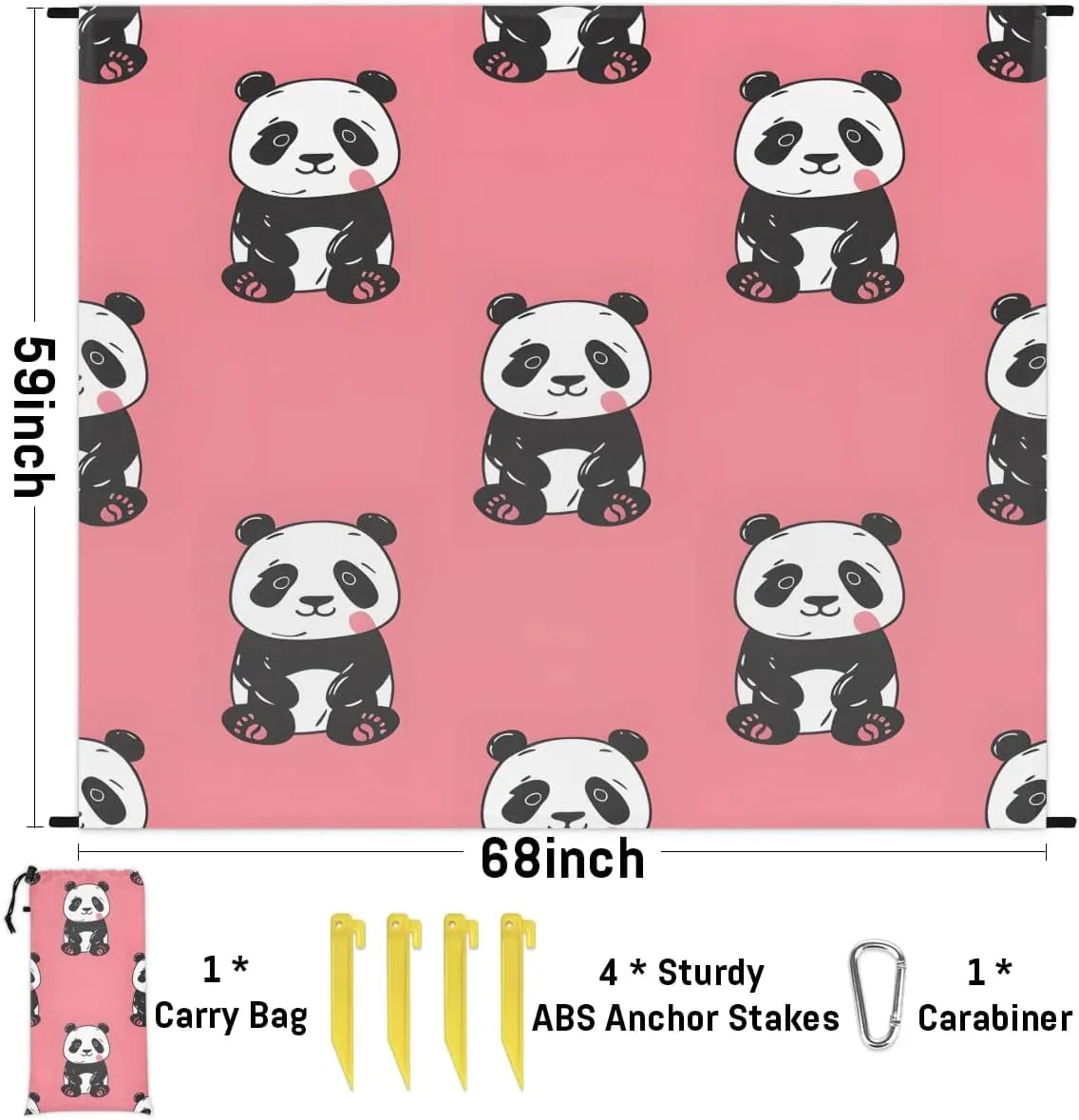 Funny Animal Panda Beach Blanket, Sandproof Beach Mat, 68 x 59 Waterproof Quick Drying Sand Free Mat with 4 x Ground Spikes for Outdoor Travel Camping Hiking, Cute Panda