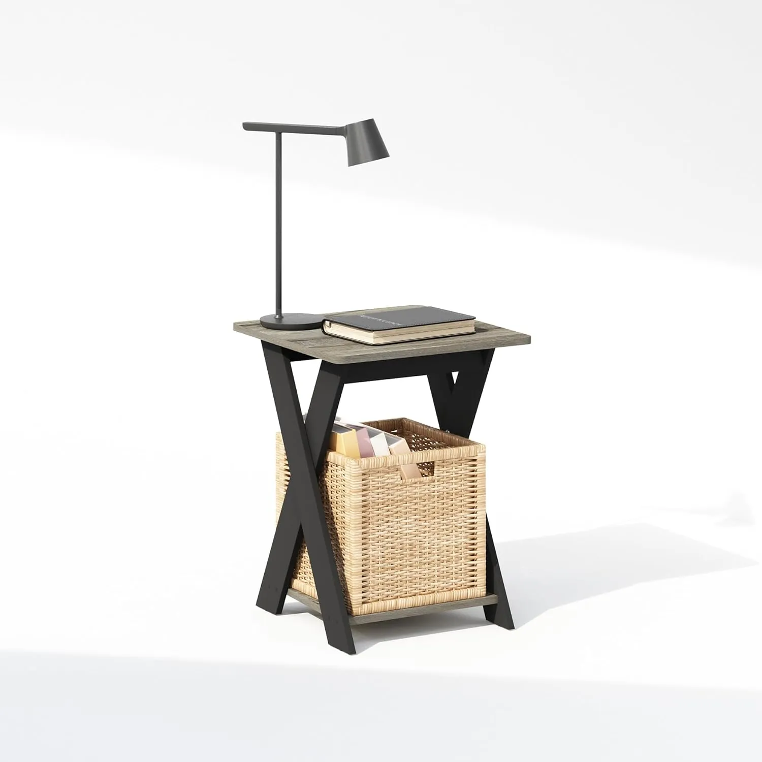 Furinno Tidur Criss-Crossed Nightstand, Bedside Table, French Oak/Black