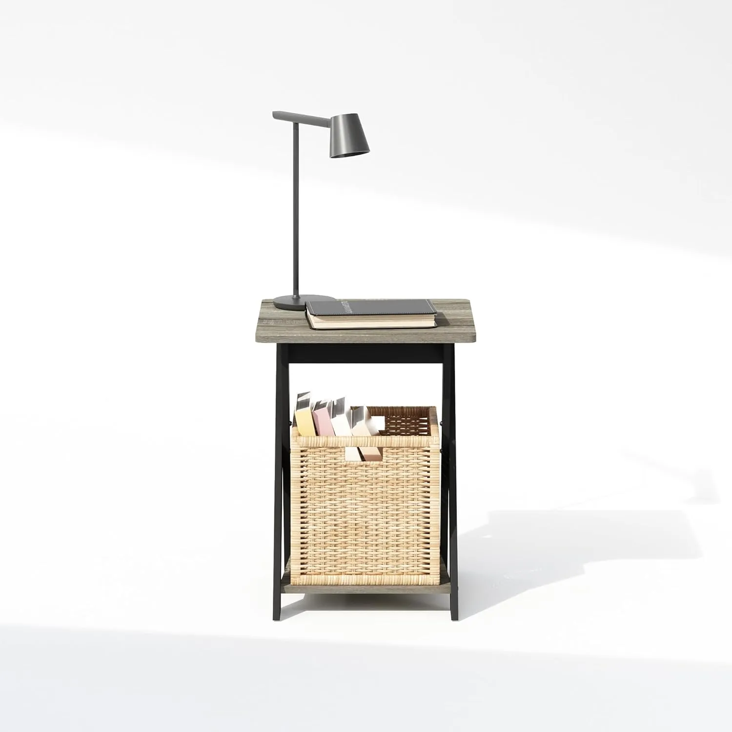 Furinno Tidur Criss-Crossed Nightstand, Bedside Table, French Oak/Black