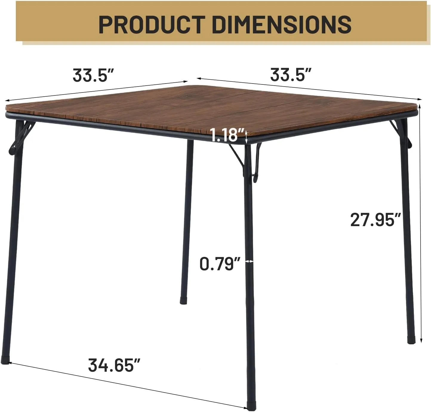 FurnitureR 33.5" Folding Square Table, Space-Saving Portable Table with Sturdy MDF Top and Metal Frame, No Assembly Required, Compact Folding Table for Indoor Outdoor Use, Brown