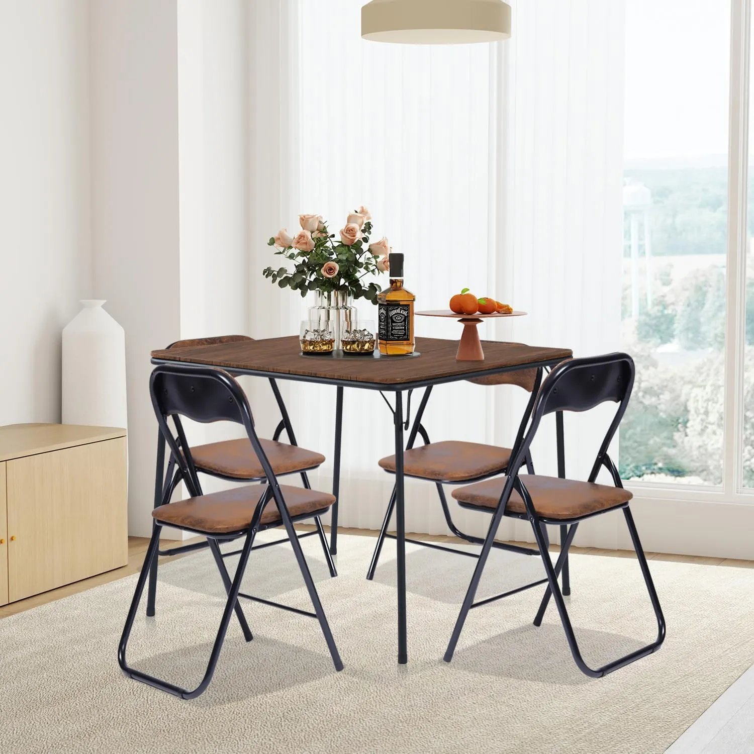 FurnitureR 33.5" Folding Square Table, Space-Saving Portable Table with Sturdy MDF Top and Metal Frame, No Assembly Required, Compact Folding Table for Indoor Outdoor Use, Brown