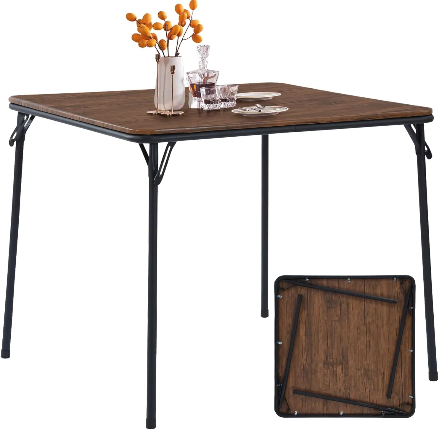 FurnitureR 33.5" Folding Square Table, Space-Saving Portable Table with Sturdy MDF Top and Metal Frame, No Assembly Required, Compact Folding Table for Indoor Outdoor Use, Brown