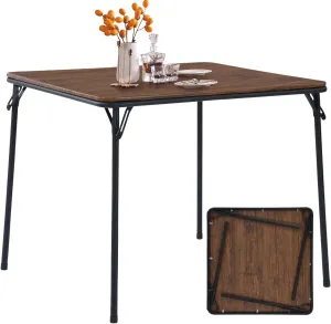 FurnitureR 33.5" Folding Square Table, Space-Saving Portable Table with Sturdy MDF Top and Metal Frame, No Assembly Required, Compact Folding Table for Indoor Outdoor Use, Brown