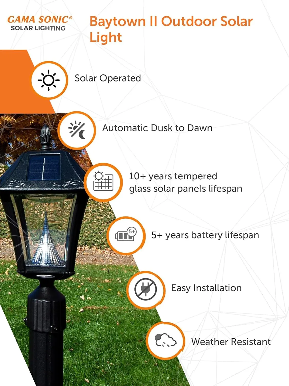 Gama Sonic GS-105FPW-BW Baytown II, Outdoor Solar Light and 3" Pole Pier & Wall Mount Kits, Lamp Only, Bright White LED, Black
