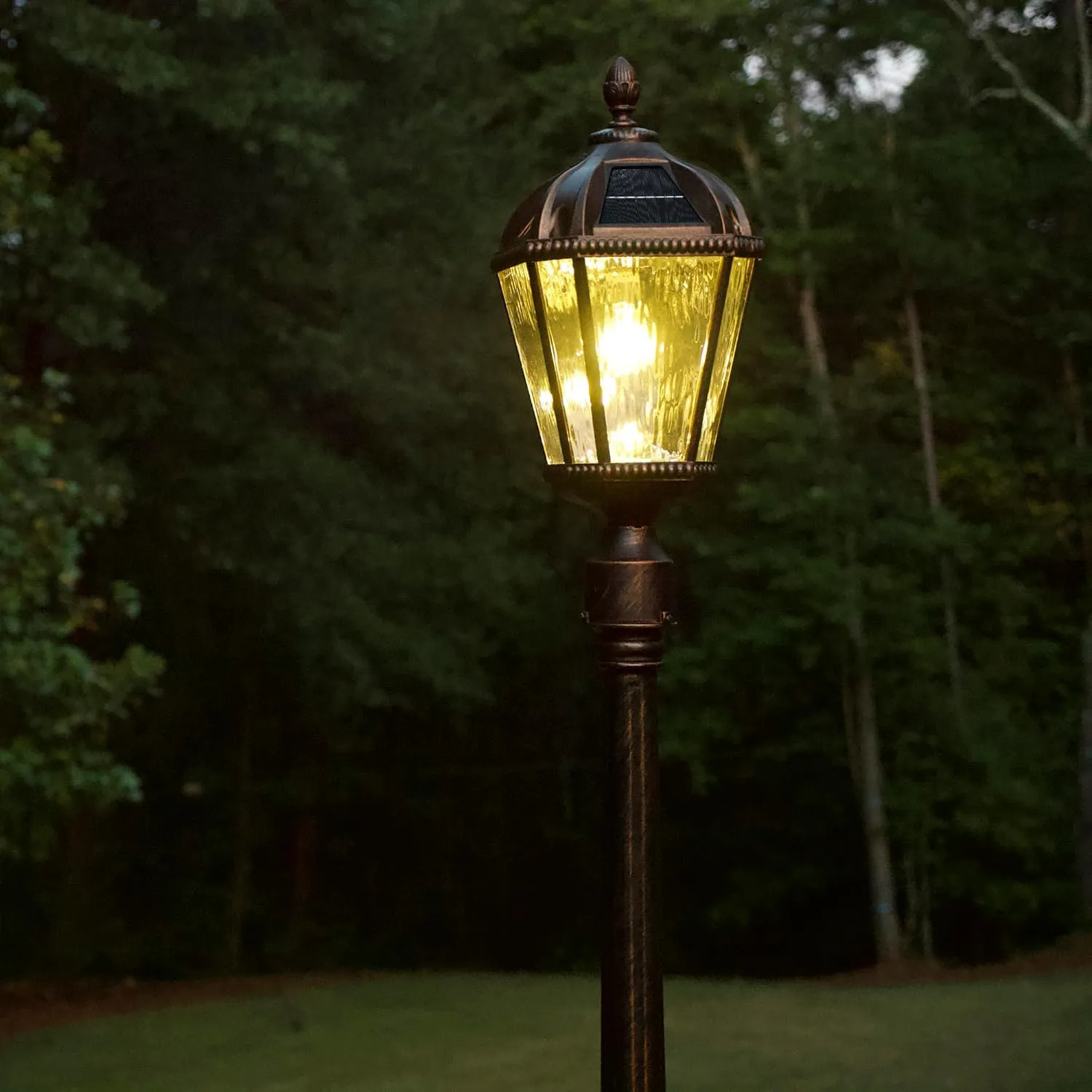 Gama Sonic Outdoor Solar Lamp Post Light, Brushed Bronze Aluminum and Rain Glass Panels, 10-Year Royal Bulb, Warm White LED with Omni-Direction Reflector, 87-inch Height, 98B101 (Upgraded)