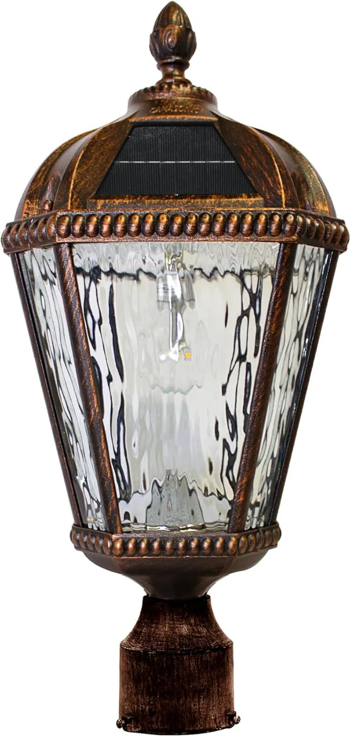 Gama Sonic Outdoor Solar Post Light, Brushed Bronze Finish Aluminum, Royal Bulb, Clear Rain Glass, 3-inch Fitter for Lamp Posts 98B112 (Upgraded Panel and Battery)