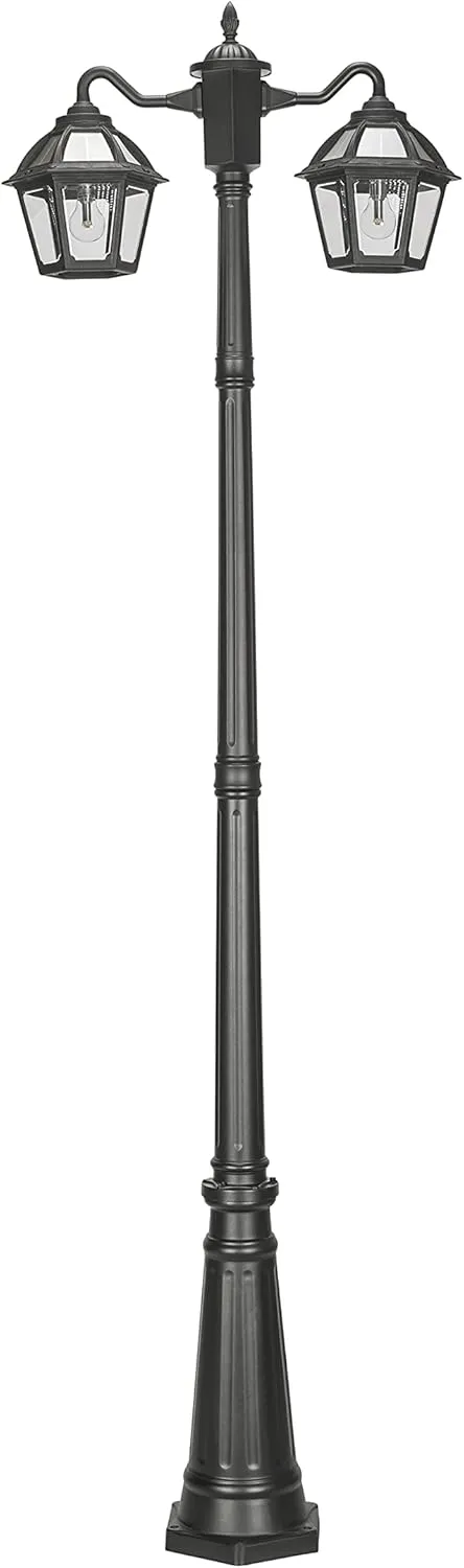 Gama Sonic Polaris Bulb Solar Lamp Post Light, Outdoor 91.875 inch Tall Double Head Black Resin, Cast Aluminum and Warm White Light 2700K (177B50002)