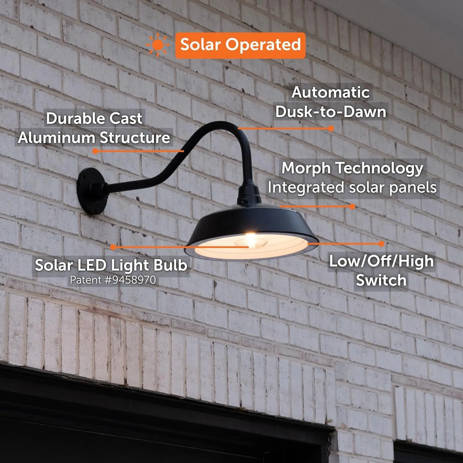 Gama Sonic Solar Barn Light for Outdoors with 14.5” Metal Dome Lamp, Bright 250-Lumen LED, Wall-Mount Gooseneck, Dusk-to-Dawn, Warm White 2700K, Aluminum, Integrated Solar Panels, Waterproof (Black)