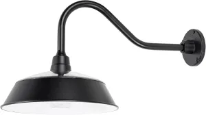 Gama Sonic Solar Barn Light for Outdoors with 14.5” Metal Dome Lamp, Bright 250-Lumen LED, Wall-Mount Gooseneck, Dusk-to-Dawn, Warm White 2700K, Aluminum, Integrated Solar Panels, Waterproof (Black)