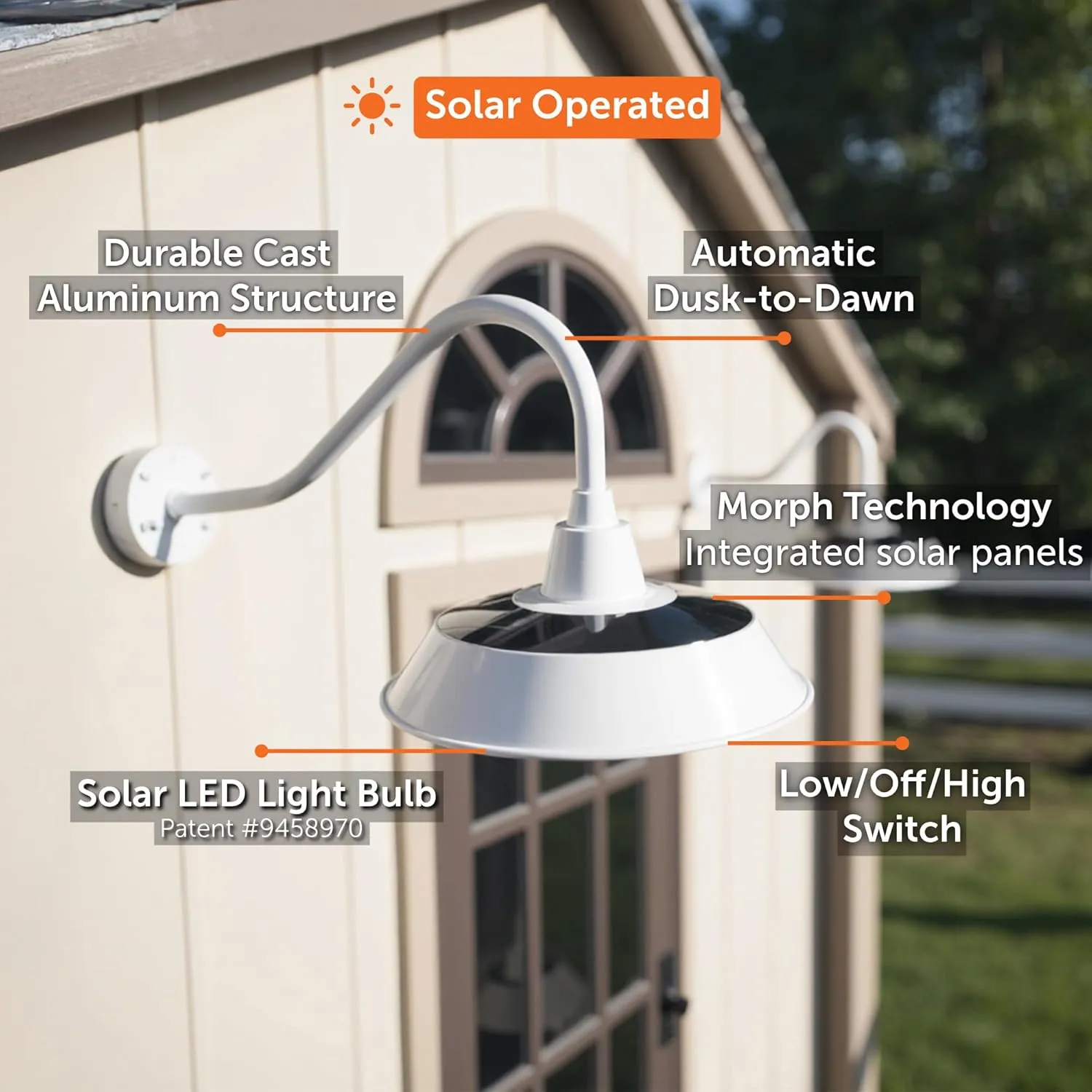 Gama Sonic Solar Barn Light for Outdoors with 14.5” Metal Dome Lamp, Bright 250-Lumen LED, Wall-Mount Gooseneck, Dusk-to-Dawn, Warm White 2700K, Aluminum, Integrated Solar Panels, Waterproof (White)