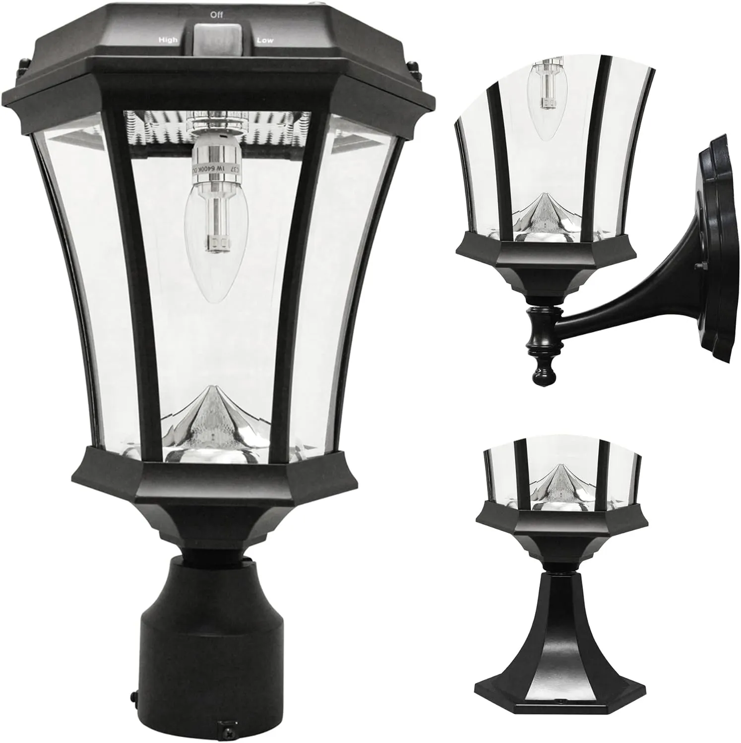 GAMA Sonic Solar Outdoor Post Light, Victorian Bulb, Black Aluminum, 1-Light with 3 Mounting Options, 3-inch Fitter for Lamp Posts, Flat Mount for Column Lights and Wall Sconce Mount (94B033)